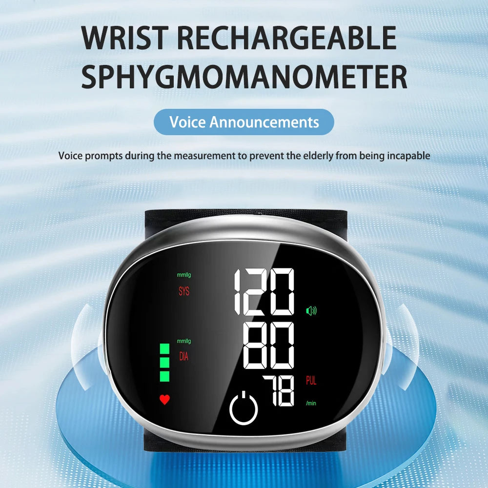 Digital Wrist Blood Pressure Meter Automatic Voice Tonometer Heart Rate Monitor Smart Touch LCD Screen Charge Sphygmomanometer
