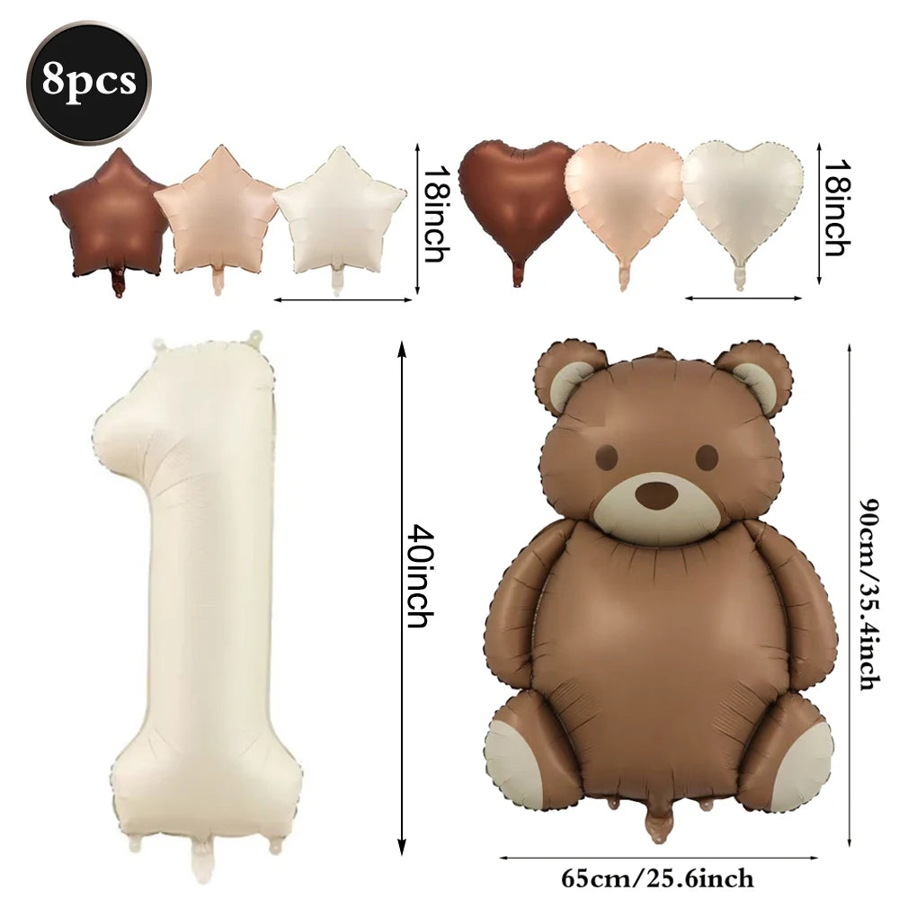 Cute Teddy Bear Party Birthday Number Balloons Large Retro Brown Bear Foil Balloon Set 8 pcs Baby Shower Birthday Party Decor