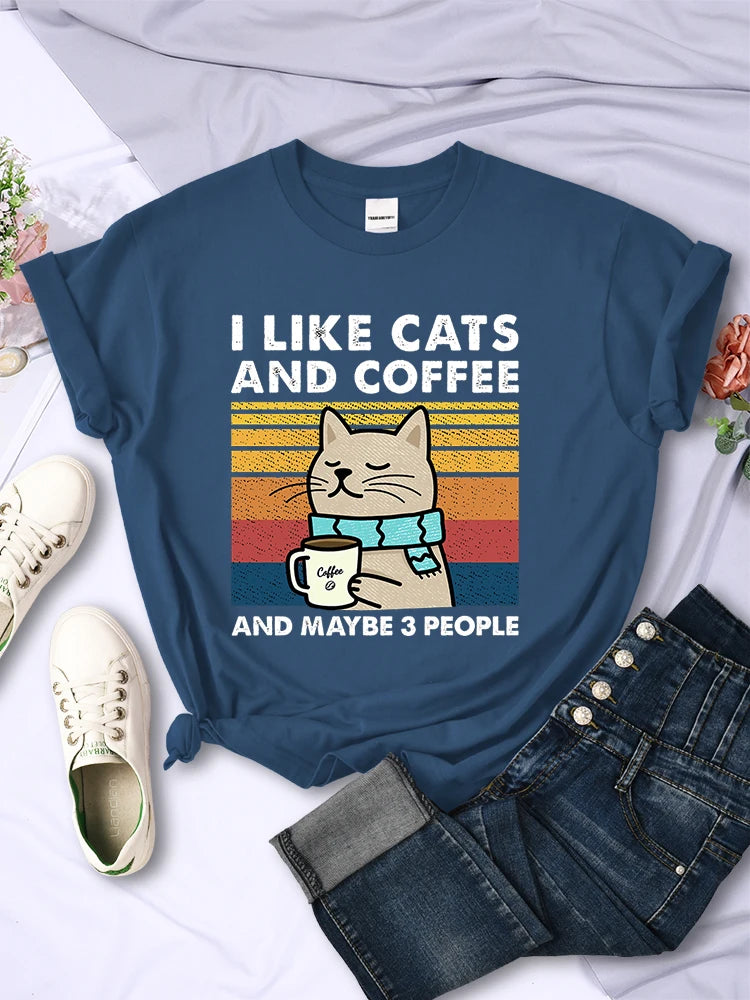 Women's I Like Cats And Coffee Printed T Shirt   Casual Short Sleeve Breathable