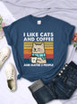 Women's I Like Cats And Coffee Printed T Shirt   Casual Short Sleeve Breathable