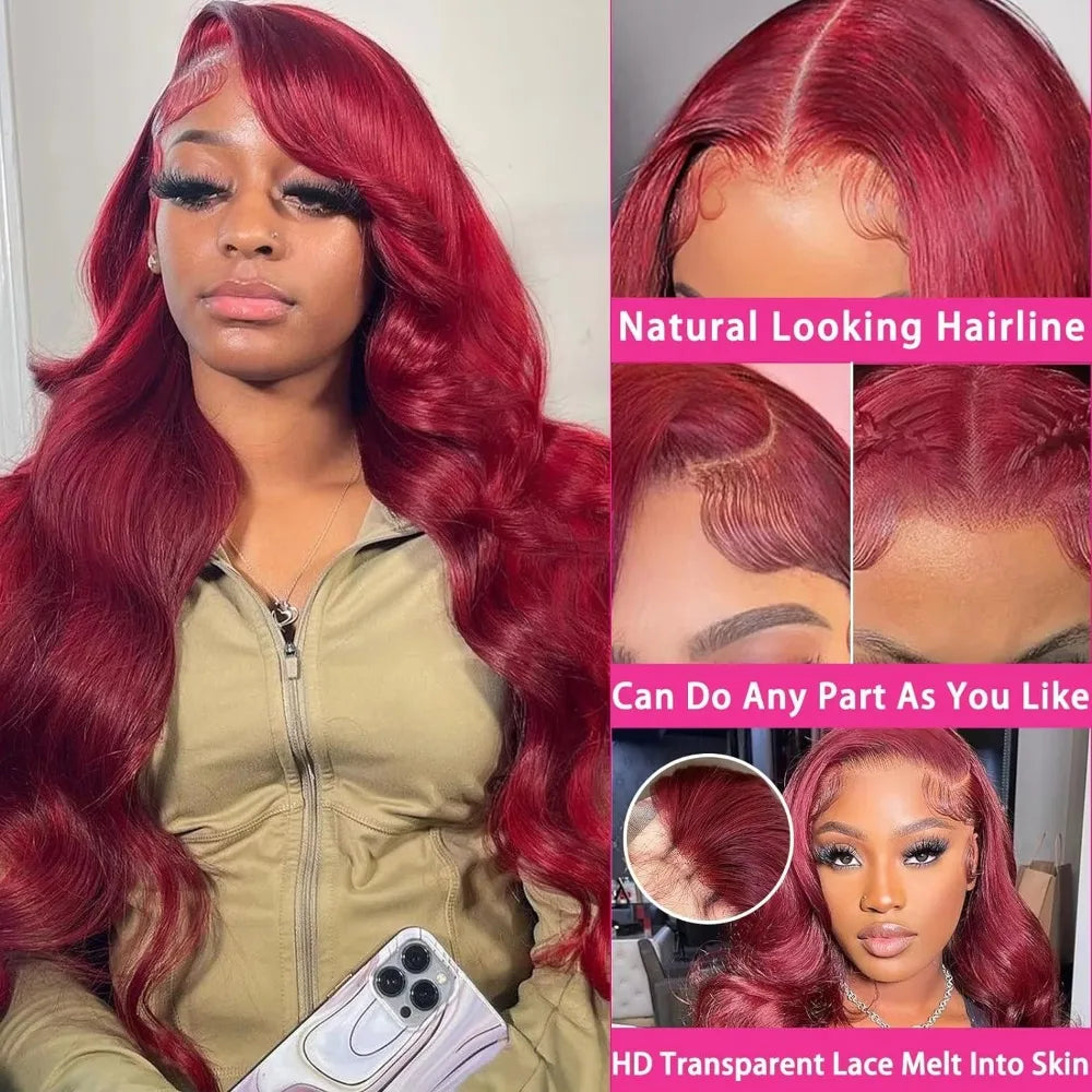220 Density 13x6 Hd Lace Front Wig 40 Inch 99J Burgundy Hd Transparent 13x4 Body Wave Human Hair Lace Frontal Wig for Women