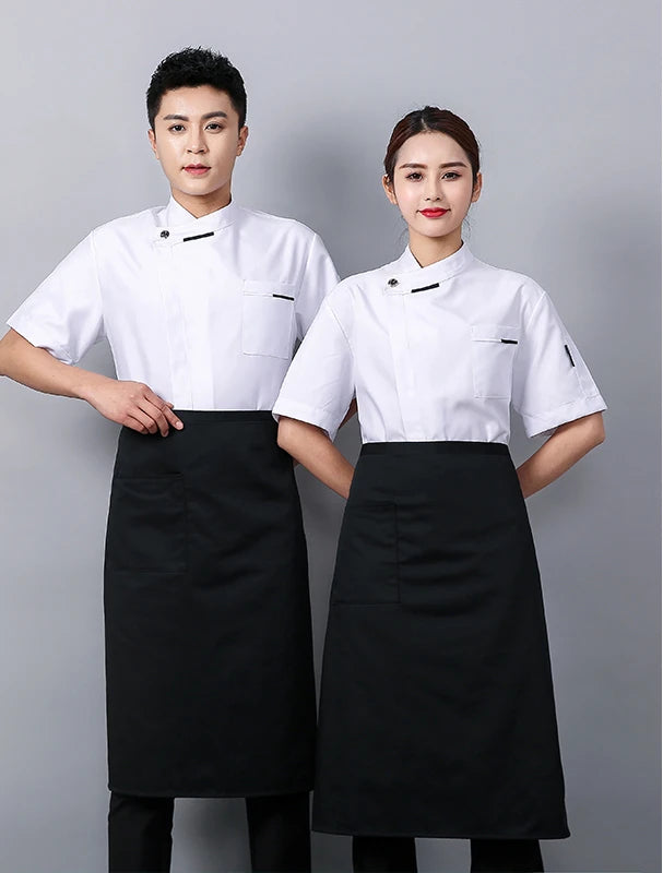 White Chef Jacket short Sleeve Head Chef Uniform Restaurant Hotel Kitchen Cooking Clothes Catering Foodservice Chef Shirt Apron