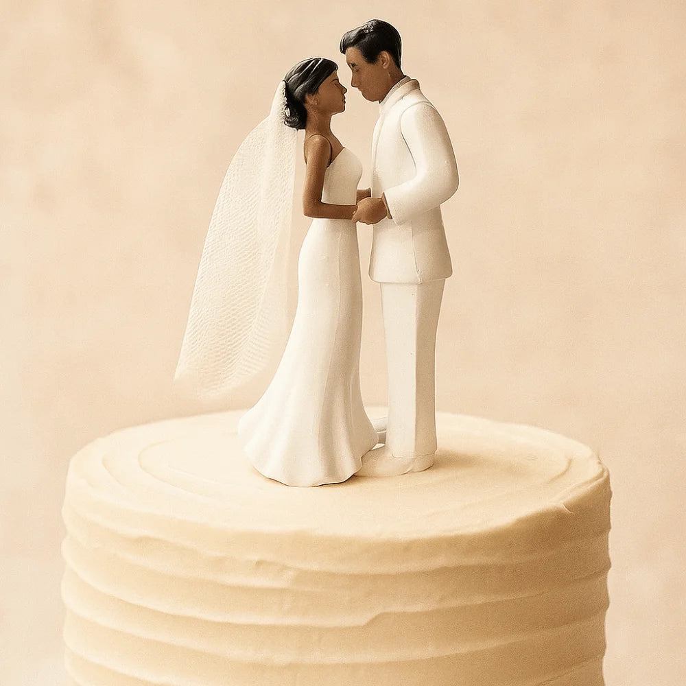 Anniversary & Wedding Couple Cake Topper – Elegant White/Black PVC Bride & Groom Figurines