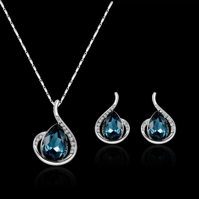 3pcs\ Women Elegant Waterdrop Rhinestone Pendant Necklace Hook Earrings Jewelry Set