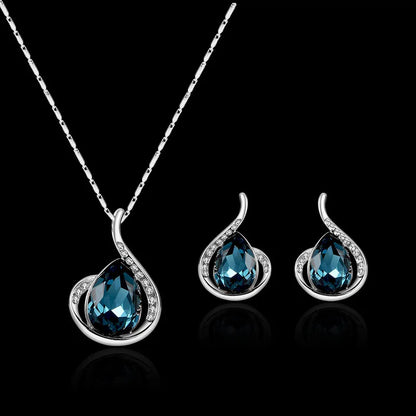 3pcs\ Women Elegant Waterdrop Rhinestone Pendant Necklace Hook Earrings Jewelry Set