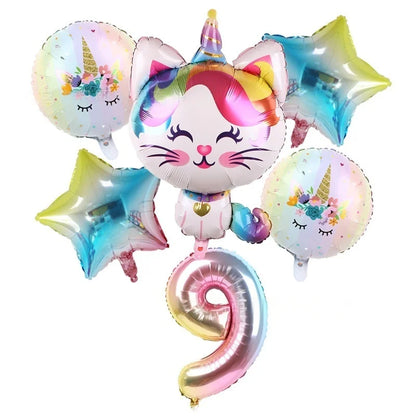 Rainbow Unicorn Cat Gradient Balloon Set (6pcs) – Birthday Party Decorations