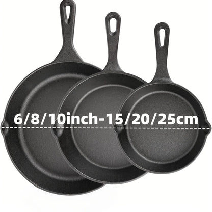 3PCS Cast Iron Skillet Set (6/8/10 Inch)  Pre-Seasoned, Heavy-Duty Pans for Oven, Grill & Campfire, Even Heat, Non-Stick Surface