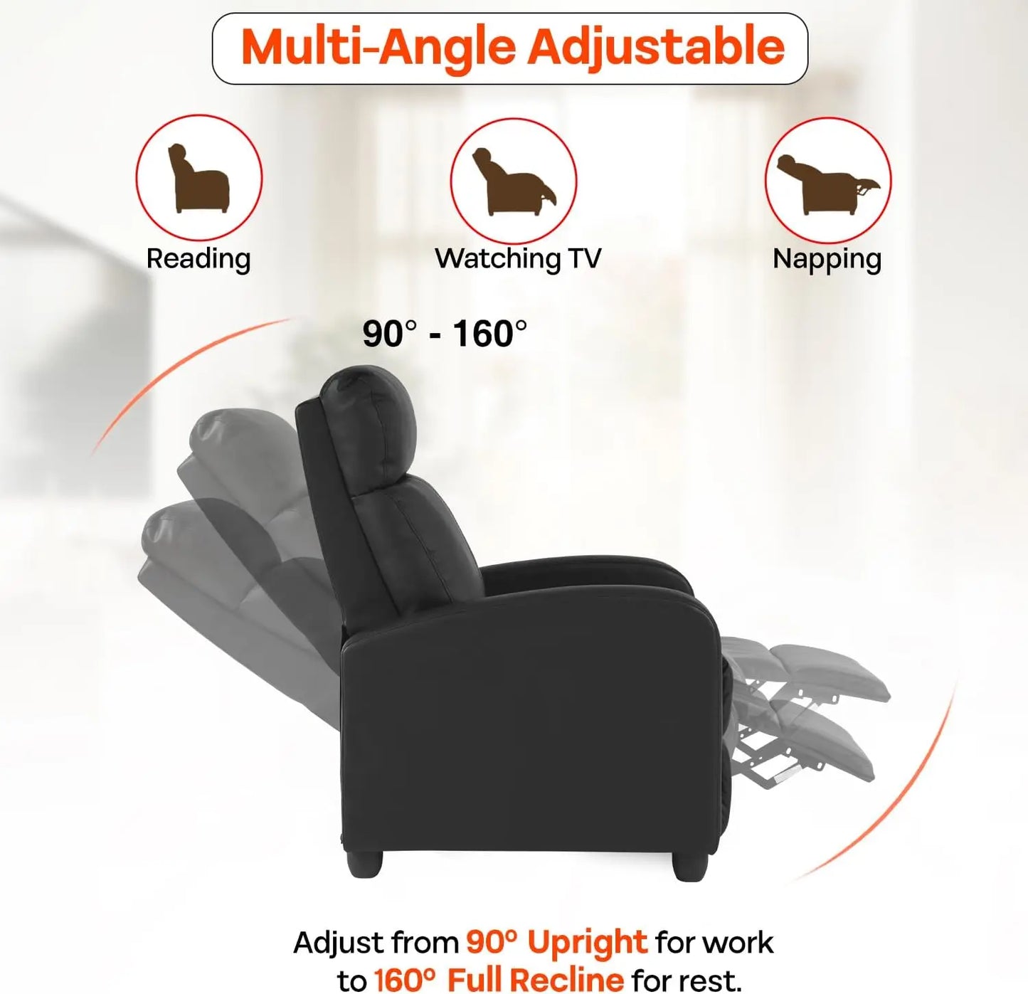 Black Leather Massage Recliner Chair with Lumbar Support & Adjustable Backrest