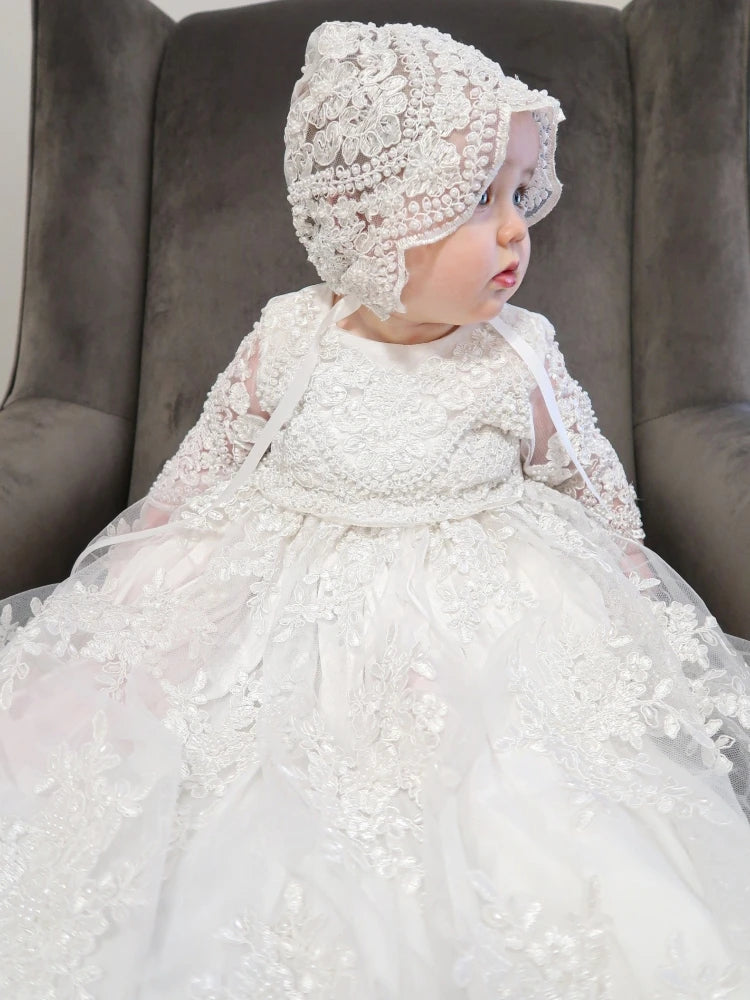 Customized Baby Baptism Dress Flower Girl Dress Pearls Floral Appliques Long Sleeve Wedding Birthday Party Holy Communion Gown