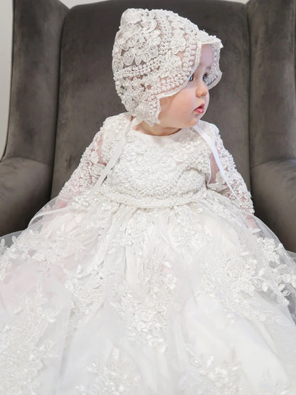 Customized Baby Baptism Dress Flower Girl Dress Pearls Floral Appliques Long Sleeve Wedding Birthday Party Holy Communion Gown