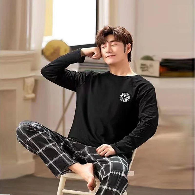 2PCS/Set Men's Pajamas Autumn Winter Long-Sleeved Fashion Soft Simple Casual Homewear Man Black Comfortable Striped Loungewear