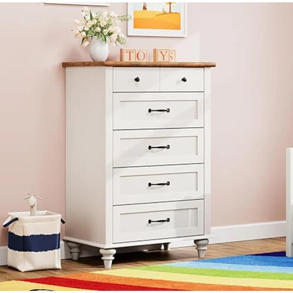High Vanity with 5 Drawers, Baby Room Vanity Organizer, Wide Drawer Wardrobe, Vintage Farmhouse Wooden Wardrobe