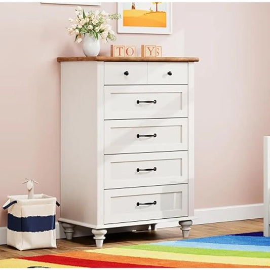 High Vanity with 5 Drawers, Baby Room Vanity Organizer, Wide Drawer Wardrobe, Vintage Farmhouse Wooden Wardrobe