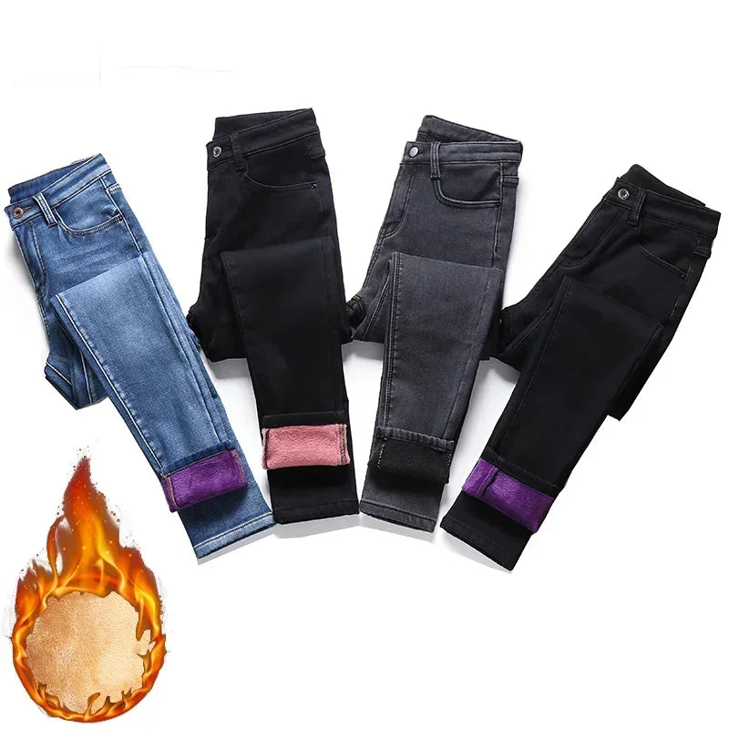 delete Women Thermal Skinny Jeans Mom Winter Warm Plush Stretch Jeans Lady Fleece Snow Denim Pants Student Pencil Straight Leg Trousers