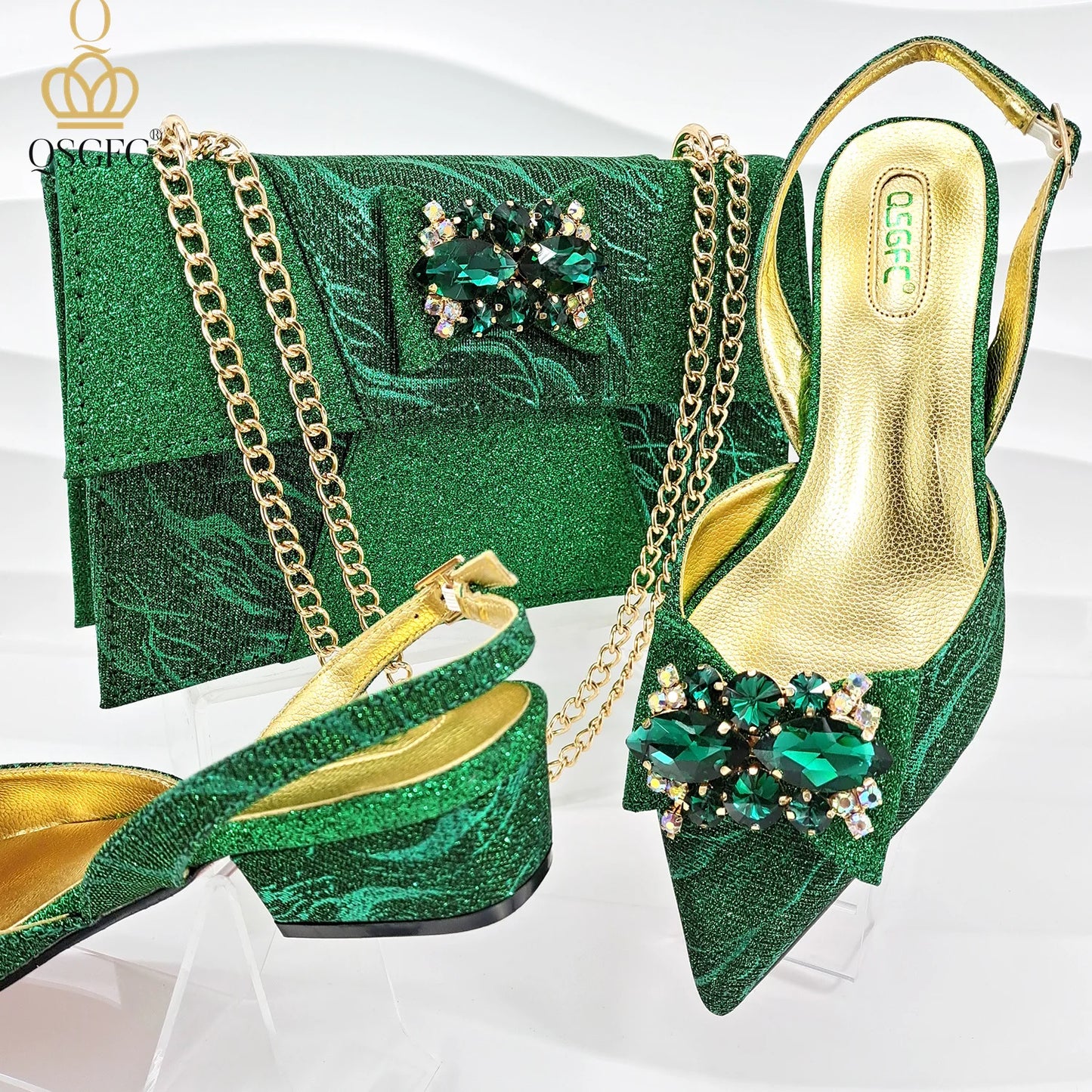 Italian-designed elegant evening shoes and bag set with African crystal accents, offering comfortable shoes and a spacious bag, perfect for commuters and women's fashion.