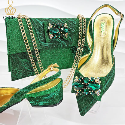 Italian-designed elegant evening shoes and bag set with African crystal accents, offering comfortable shoes and a spacious bag, perfect for commuters and women's fashion.