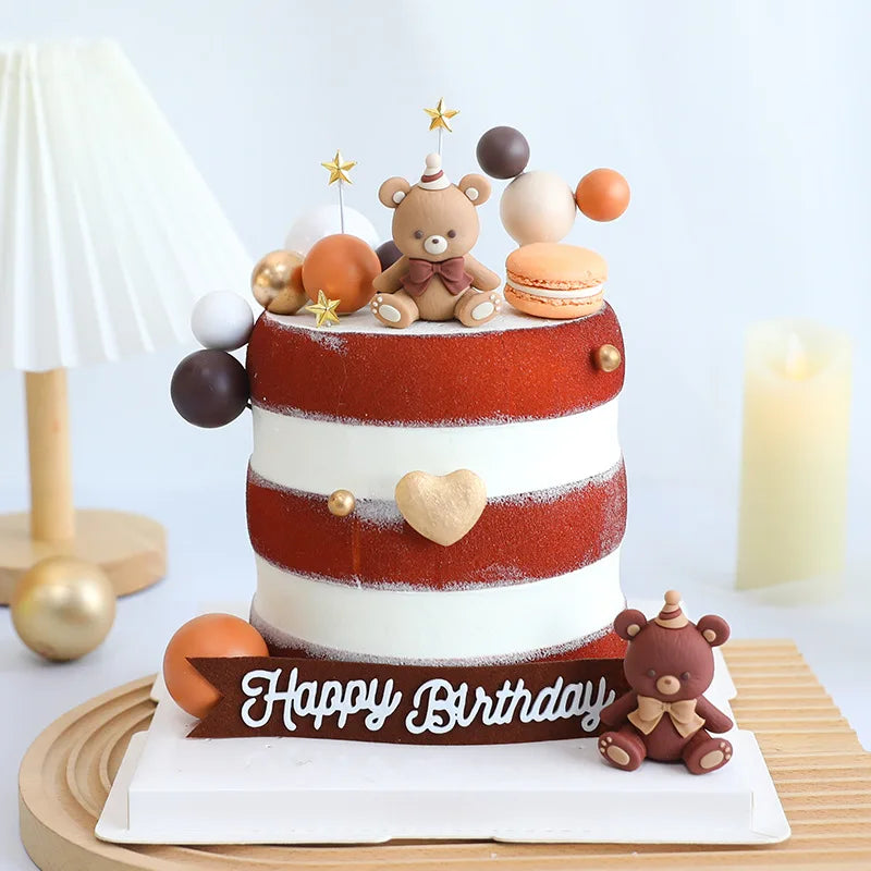 Cute Bear Ornament Cake Topper Pink Blue Cartoon Bear Soft Rubber Doll Boy Girl First Birthday Party Cake Decoration Baby Shower