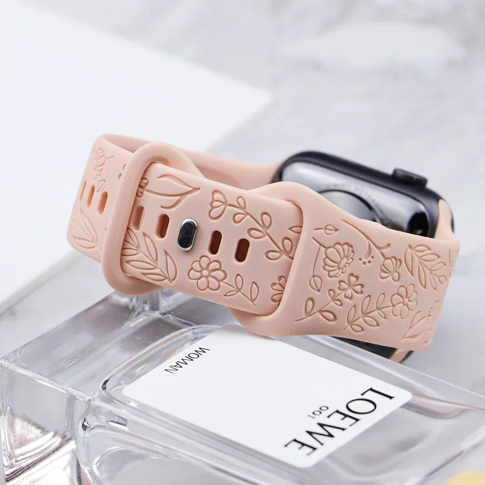 Engraved Strap for Apple Watch Ultra Band 2 49mm 45mm 44MM 38 40mm 41mm Floral Bracelet Fashion IWatch Series 9/8/7/6/5/4/3/se