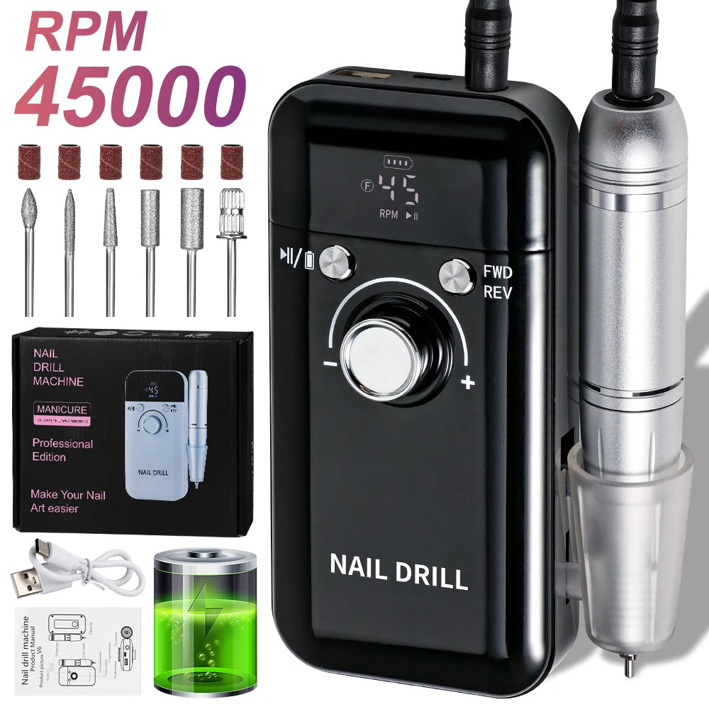 Nail Drill 45000 RPM Rechargeable Nails Electric File for Acrylic Gel Removing & Polishing Gel for Home/Salon Manicure Pedicure