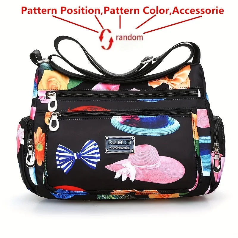 Floral Print Crossbody Bag, Trendy Nylon Shoulder Bag, Women's Multi Layer Messenger Bag For Travel