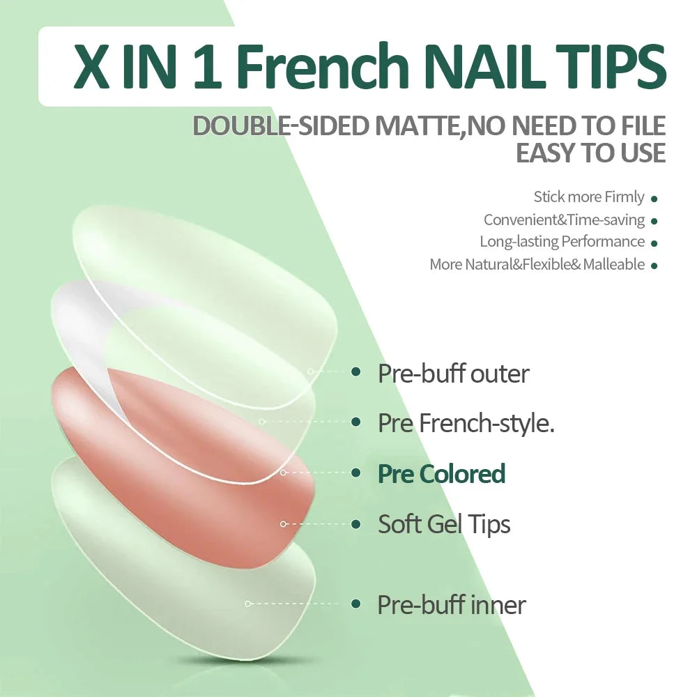 150PCS Short Coffin Press on Nails 3 in 1 Coat Soft Gel Nail Tips French Tip 15 Sizes