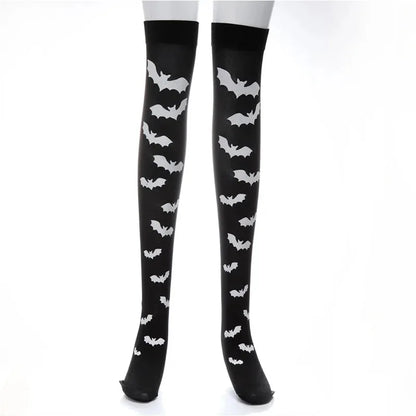 Gothic Skull Bat Spider Thigh‑High Stockings – Harajuku Emo Alternative Sexy Tights with Garters