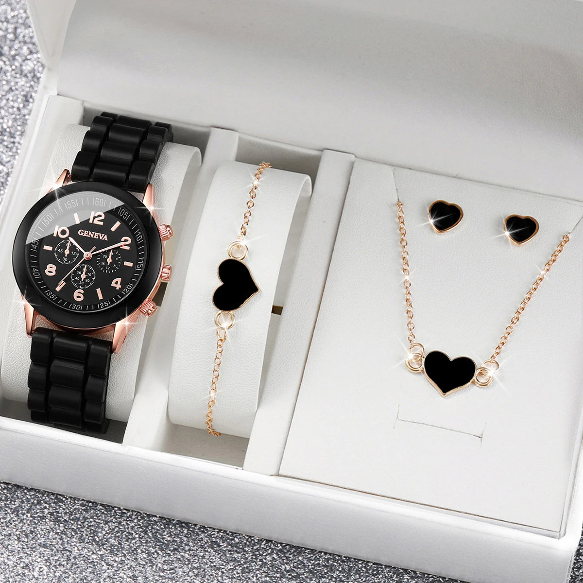 4pcs/set Women Silicone Band Watches Fashion Women Heart Jewelry (Without Box)