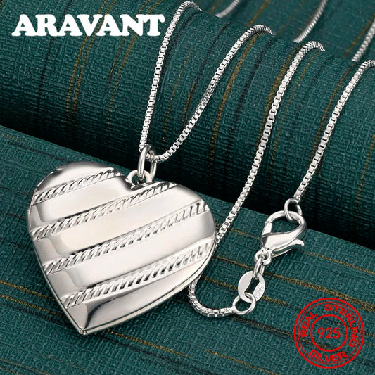 925 Sterling Silver Floral Striped Heart Box Pendant Necklace For Women, Vintage Style, Personalized Accessory, Gift, Jewelry