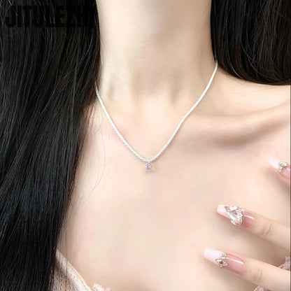 Trendy 925 Sterling Silver Pendant Necklace For Women Single Pendant Inlaid Pink Stone Engagement Wedding Party Silver Jewelry