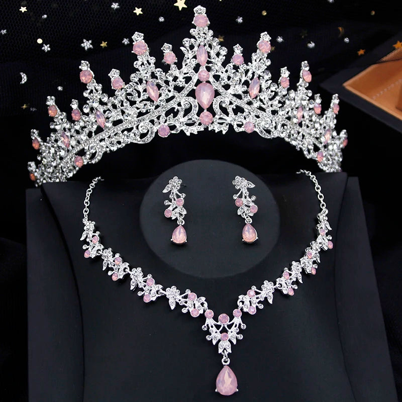 Luxury Silver Color Opal Water Drop Crown Bridal Rhinestone Tiaras and Necklace Earrings Jewelry Set