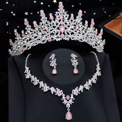 Luxury Silver Color Opal Water Drop Crown Bridal Rhinestone Tiaras and Necklace Earrings Jewelry Set