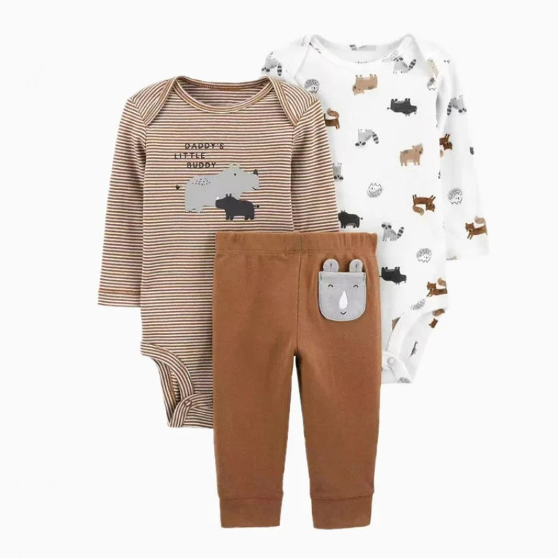 3PCS Baby Boy Clothes Autumn Newborn Baby Clothes Bodysuits+Pants Animal Outfit Infant Pajama Pure Cotton Sets 0-24M Jumpsuit