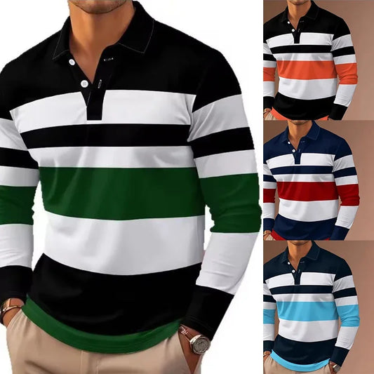 Men’s Long Sleeve Stripe Polo – High‑Elasticity Golf Shirt