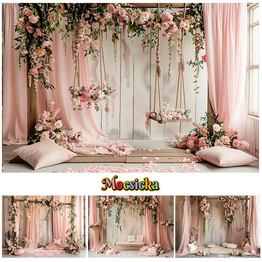 Mocsicka Photography Background Spring Indoor Wreath Cradle Decor Wedding Maternity Adult Kids Portrait Backdrop Photo Studio