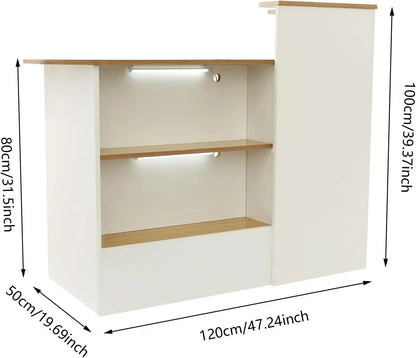 L Shaped Reception Desk With LED Lights Cable Grommet Lockable Drawers Modern Front Table For Lobby Salon Office Retail Checkout