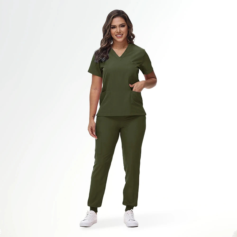 Stretchy Nurse Uniforms V-neck Top Jogger Pants Scrub Sets Surgical Workwear Dentist Nursing Suit Hospital Doctor Outfit S21