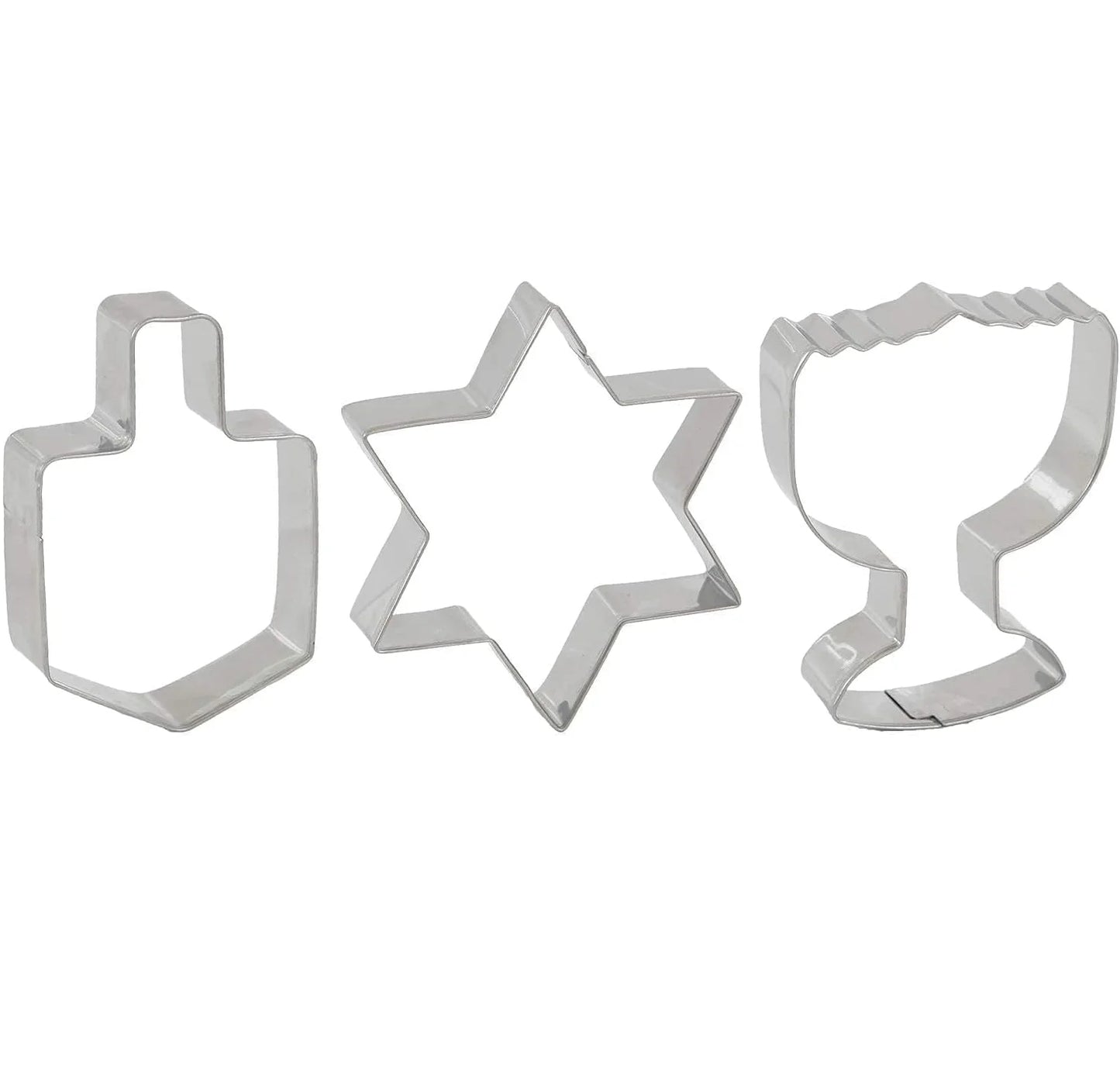 “3‑Pack Hanukkah Cookie Cutters – Menorah, Dreidel & Star Stainless Steel Set