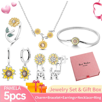 Pink Heart Bracelet Set 925 Silver Original Flower Ring Butterfly Earrings & Gift Box For Women Wedding Jewelry Best Wish 5pcs