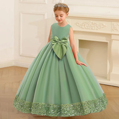 Girls Fluffy Sequin Bridesmaid Princess Elegant Bow Wedding Prom Evening Party Dresses