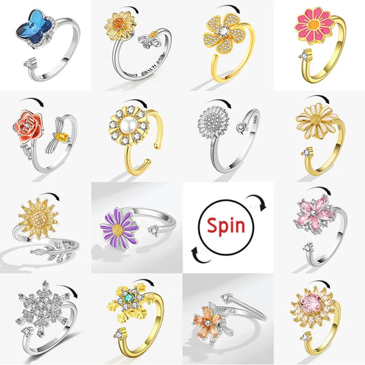 Korean Fashion Daisy Spinner Fidget Ring Multiple Style Sunflower Rose Snowflake Rotate Freely Anti Stress Anxiety Rings Wedding