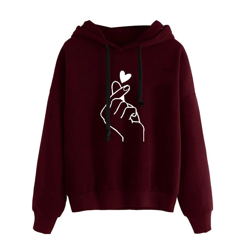 Korean‑Style Fleece Hoodie – Solid Color Finger‑Heart Design, Cozy Autumn Long‑Sleeve Sweatshirt with Pockets
