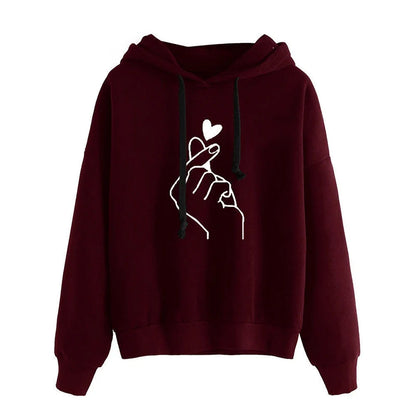Korean‑Style Fleece Hoodie – Solid Color Finger‑Heart Design, Cozy Autumn Long‑Sleeve Sweatshirt with Pockets