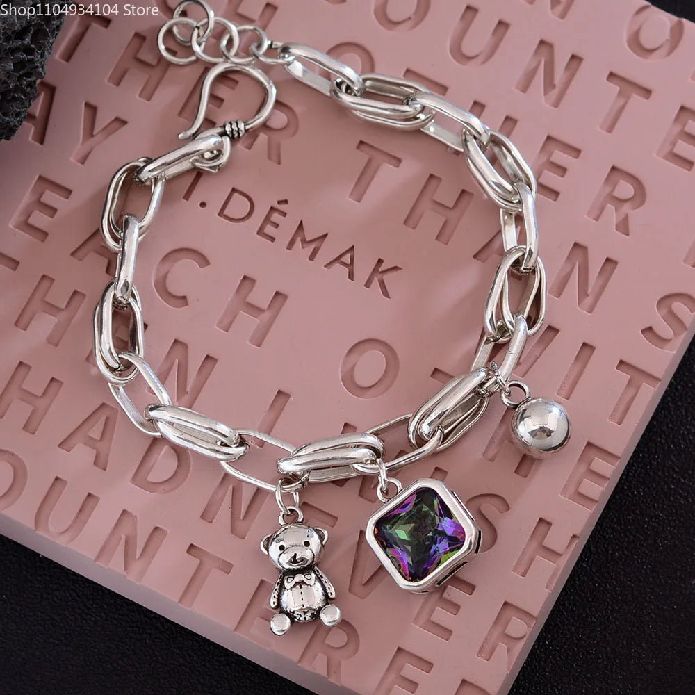 Solid 925 Sterling Silver Retro Bracelet for Women Men Vintage Handmade Heart Bracelet Birthday Gift