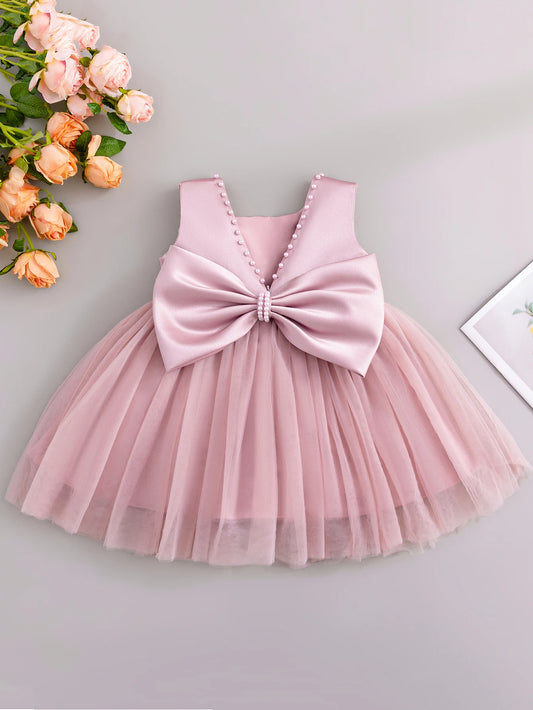 Princess Flower Girls Dresses Pink Sleeveless Bow Satin Wedding Kids Dresses With Pearl For Baby Girls