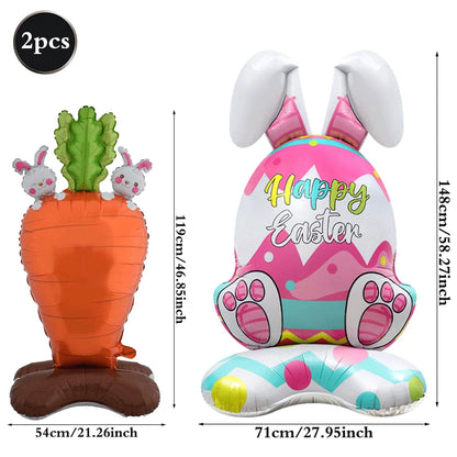 2Pcs Self Standing Easter Bunny Balloons Giant Bunny Carrot Chick Foil Balloon Easter Egg Decoration Home Holiday Party Supplies