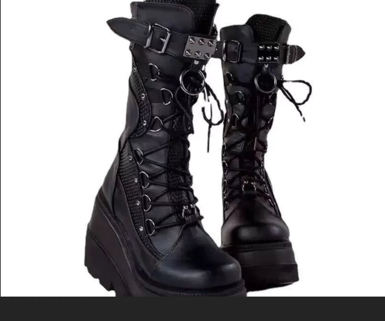 Spring Autumn Black Women Wedge Boots Platform Boots Knee High Motorcycle Boots Black Closed Toe Lace Up Long Boots Large size