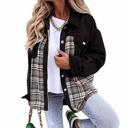 Women’s Long Sleeve Denim Jacket – Punk Plaid Print Button‑Up Irregular Shirt Jacket