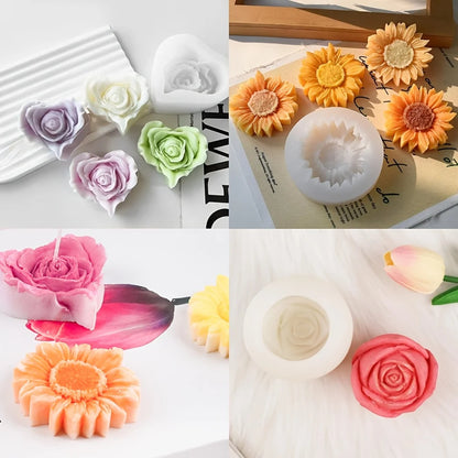 9 PCS Rose Flower Tulip Peony Heart Candle Soap Wax Mold Valentine Day Silicone for Small Butter Candles Chocolate Making Molds