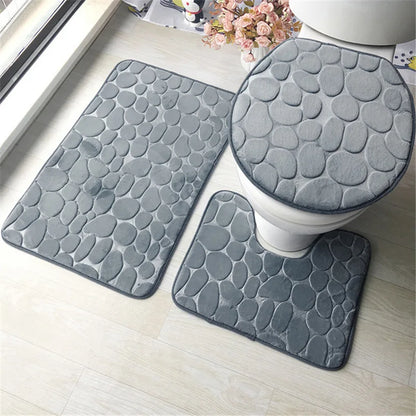 Set of 3 Bathroom Bath Mat Set  Soft Non Slip or 2PCS Cobblestone Absorbent Bathroom Mat Rug Carpets and Toilet Lid