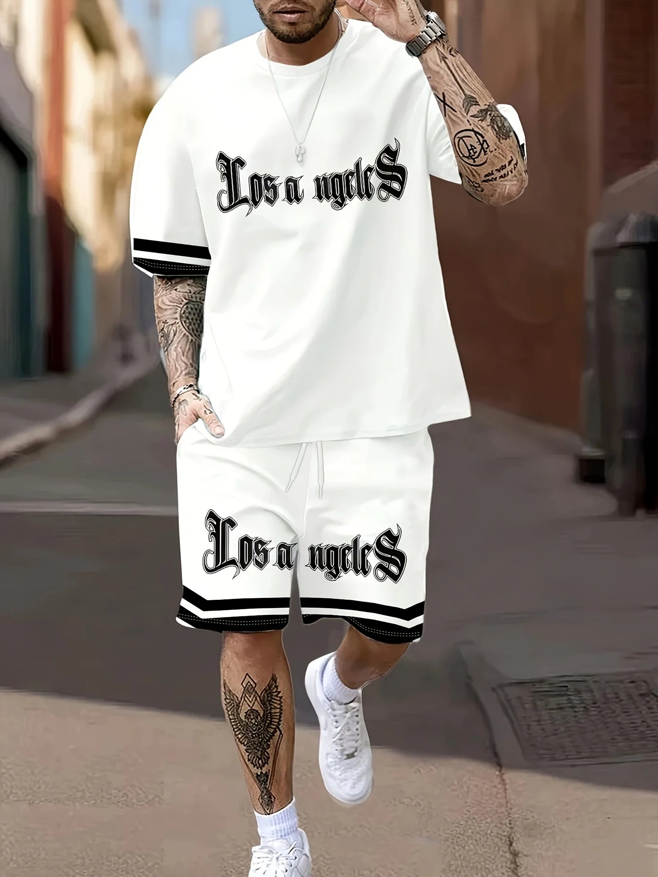 Men's Summer Letter Printed Comfortable Breathable Round Neck T-shirt Shorts Set Outdoor Casual Clothing